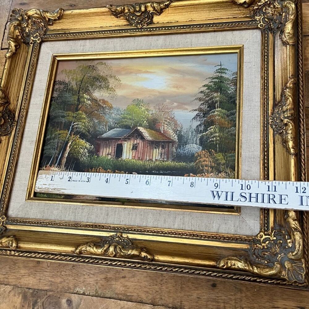 Vintage-style Oil Painting Cabin by a river Gold Ornate Wood Frame - Picture 11 of 11